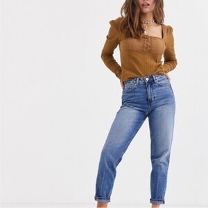 Free People Ribbed Square-Neck Long Sleeve Top in Ochre